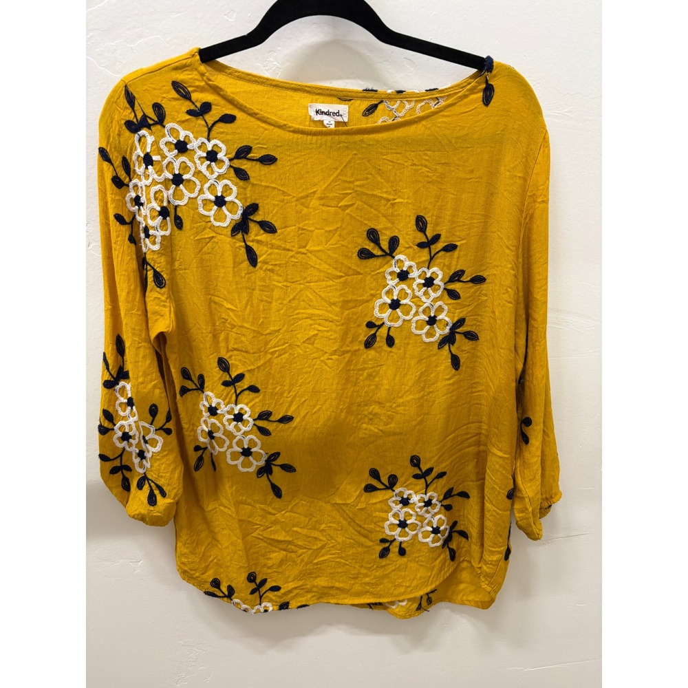 Kindred Anthropologie Mustard Yellow Floral Embroidered Blouse Medium